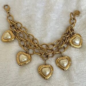 Vintage Givenchy Gold chain 3 strand Heart Bracelet Pearl Accents